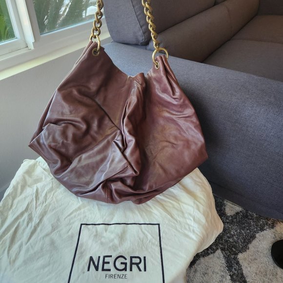 NEGRI FIRENZE NEW Leather Brown Bag with Chain - Picture 1 of 7